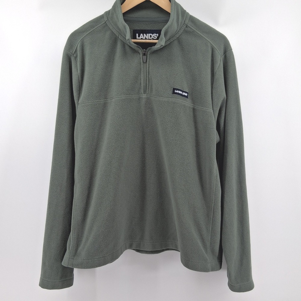 Lands End Mens‎ Fleece Quarter Zip Pullover Sweater Olive Green Comfy Casual L